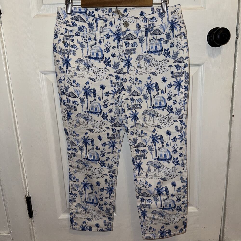 Tommy Bahama Jeans Womens 29 Coastal Cabana White Blue Tropical Print Crop